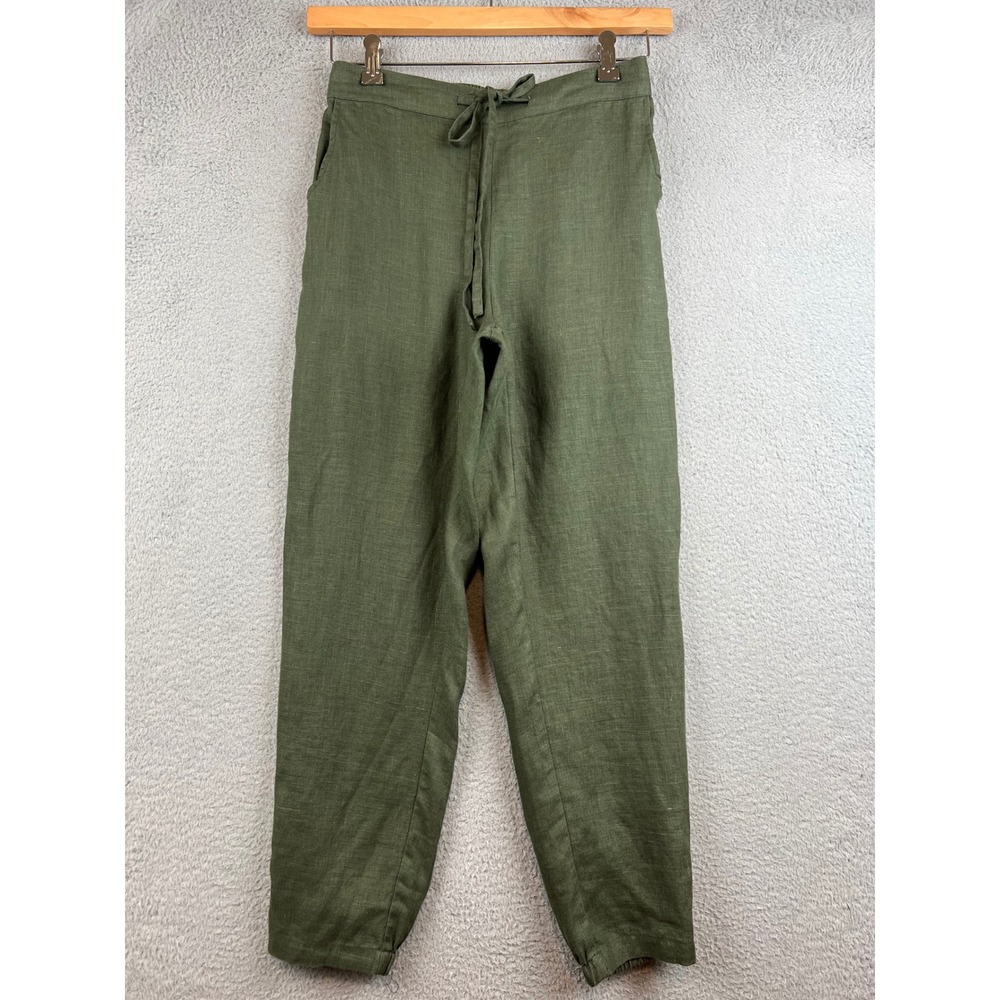IXIMO Olive Green Linen Jogger Pants Drawstring Waist Tapered Trousers Womens